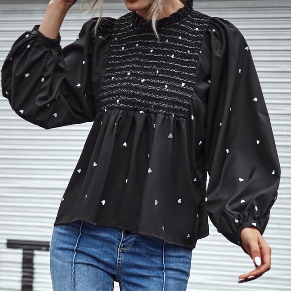 beige heart print ruffle long sleeve top - Picture 7 of 16